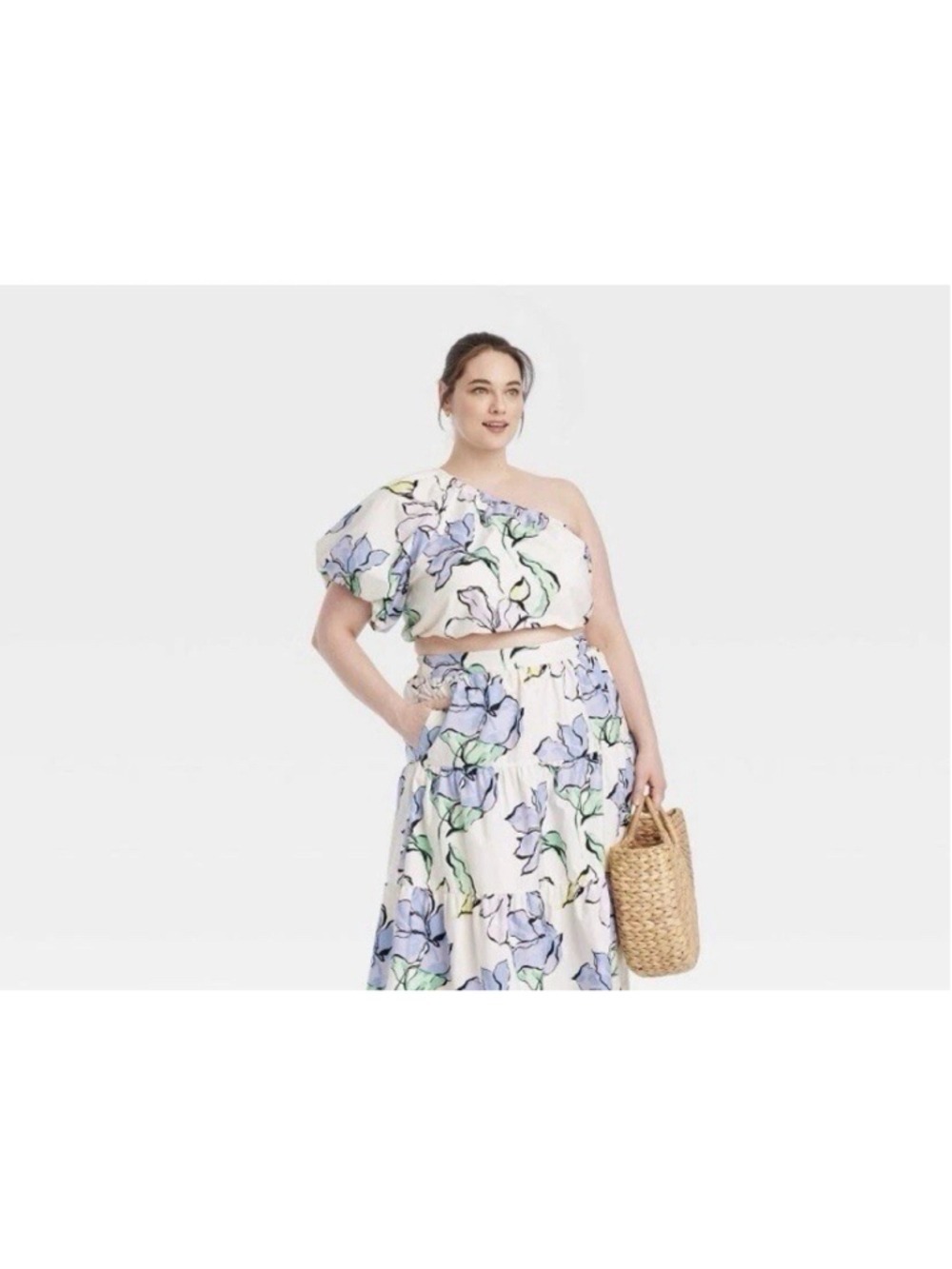 A New Day Floral Two-Piece Cropped One Shoulder Top Tiered Midi Skirt Outfit XL